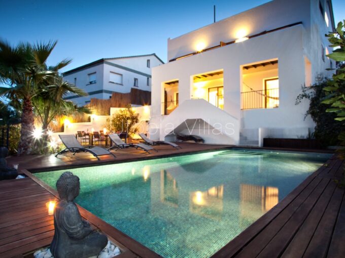 Luxury Villa Leila at night in Sitges, Barcelona