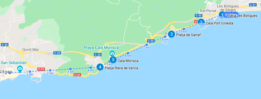 Mapa playas fuera de la zona urbana en Sitges
