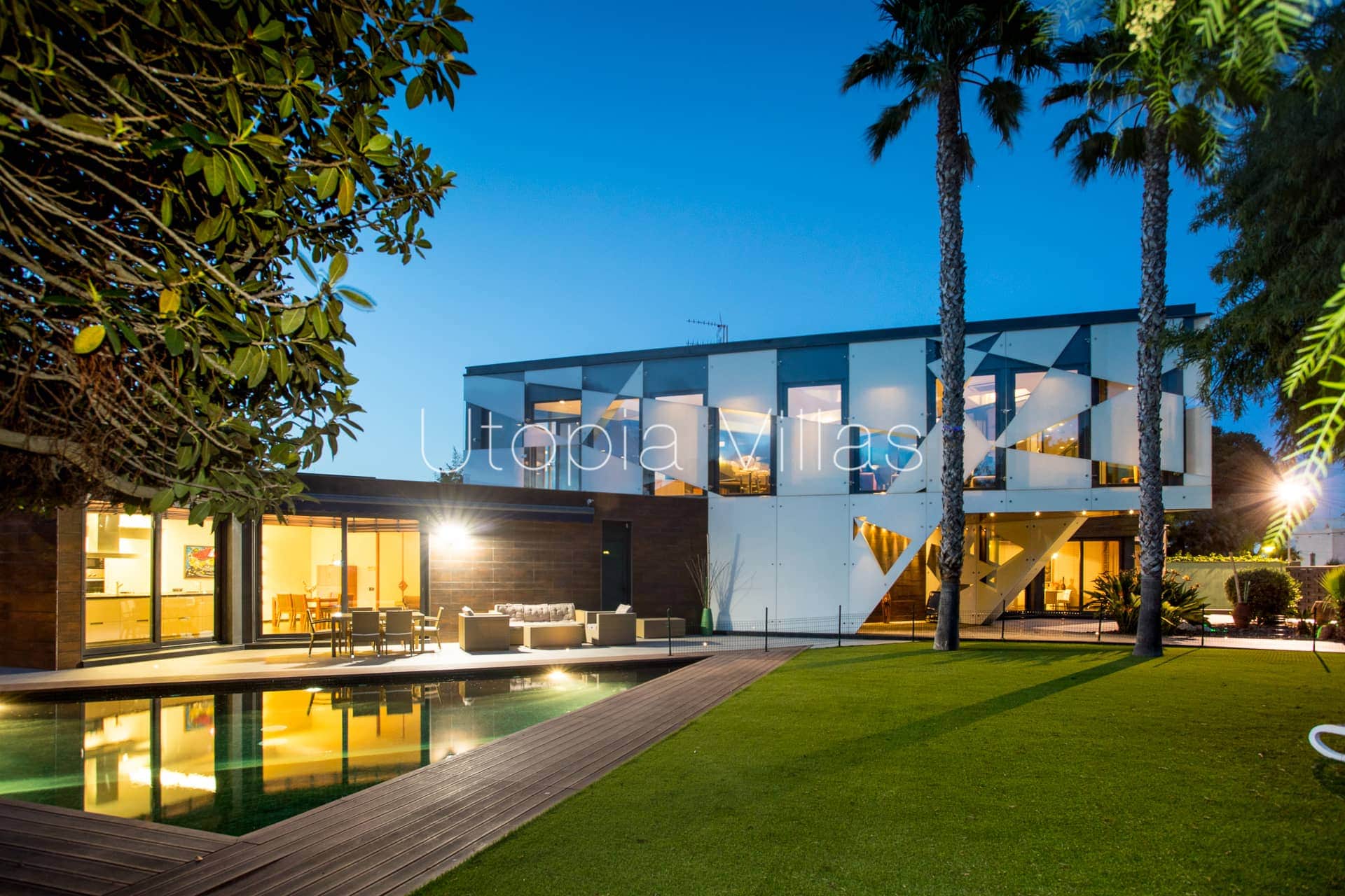 Luxury Villa Elite at night in Sitges, Barcelona