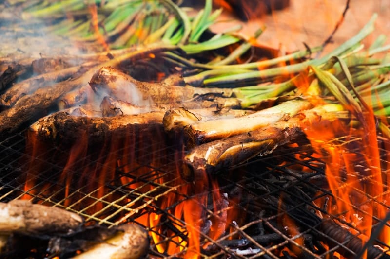 Calcots or sweet onions on a fire