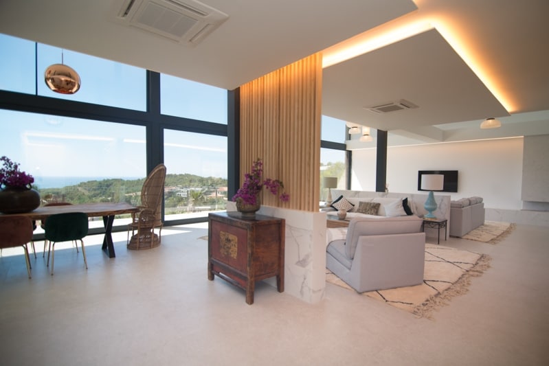 Lounge area overlooking Sitges and the golf course in Villa Candela