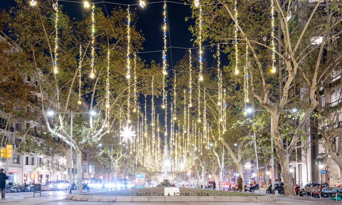 Lights in Passeig de Gracias in Barcelona at Christmas time.